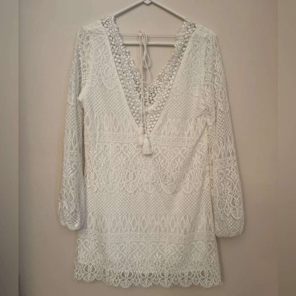 Mustard Seed White Lace Boho Mini Dress Long Sleeve V-Neck Size Medium NWT - Picture 3 of 6